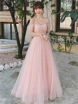 Picture of Pink Off Shoulder Tulle Simple A-line Party Dresses Prom Dresses, Pink Formal Gown 2022